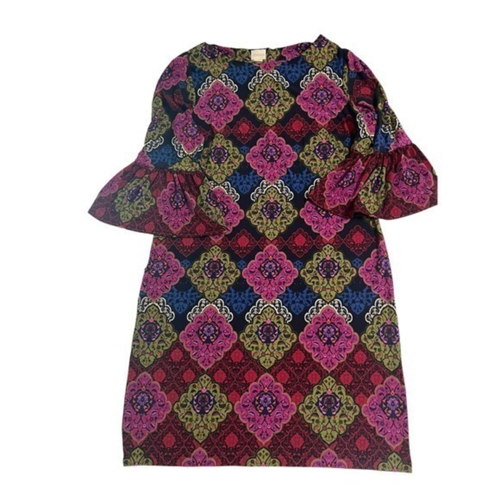 Chico’s Women's Size 8 Medium Navy Blue Medallion Geo Dress Stretch 3/4 Sleeve
